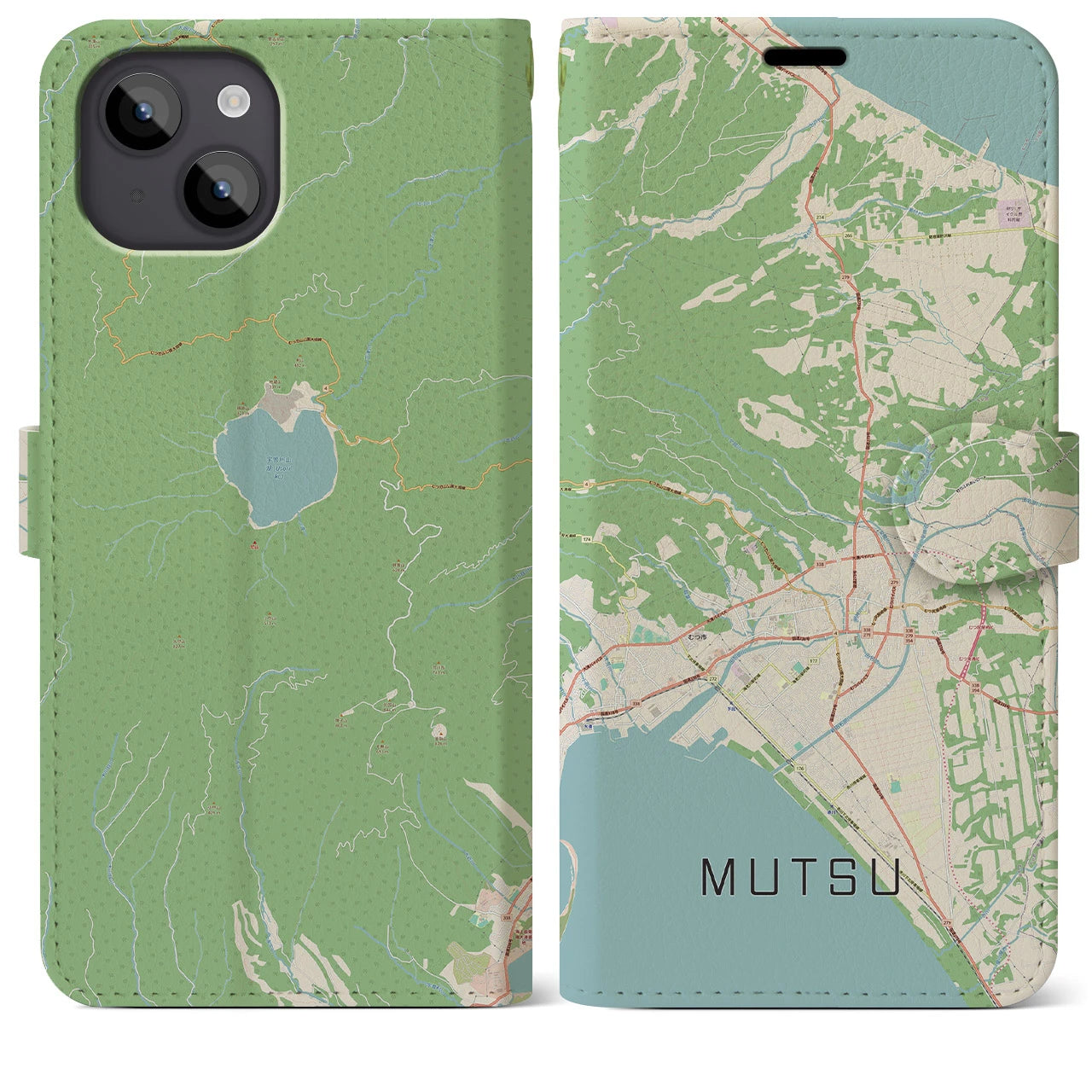 【むつ(青森県)】地図柄iPhoneケース(手帳タイプ)ナチュラル・iPhone 14 Plus 用