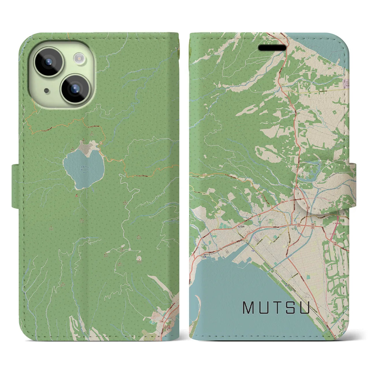 【むつ(青森県)】地図柄iPhoneケース(手帳タイプ)ナチュラル・iPhone 15 用