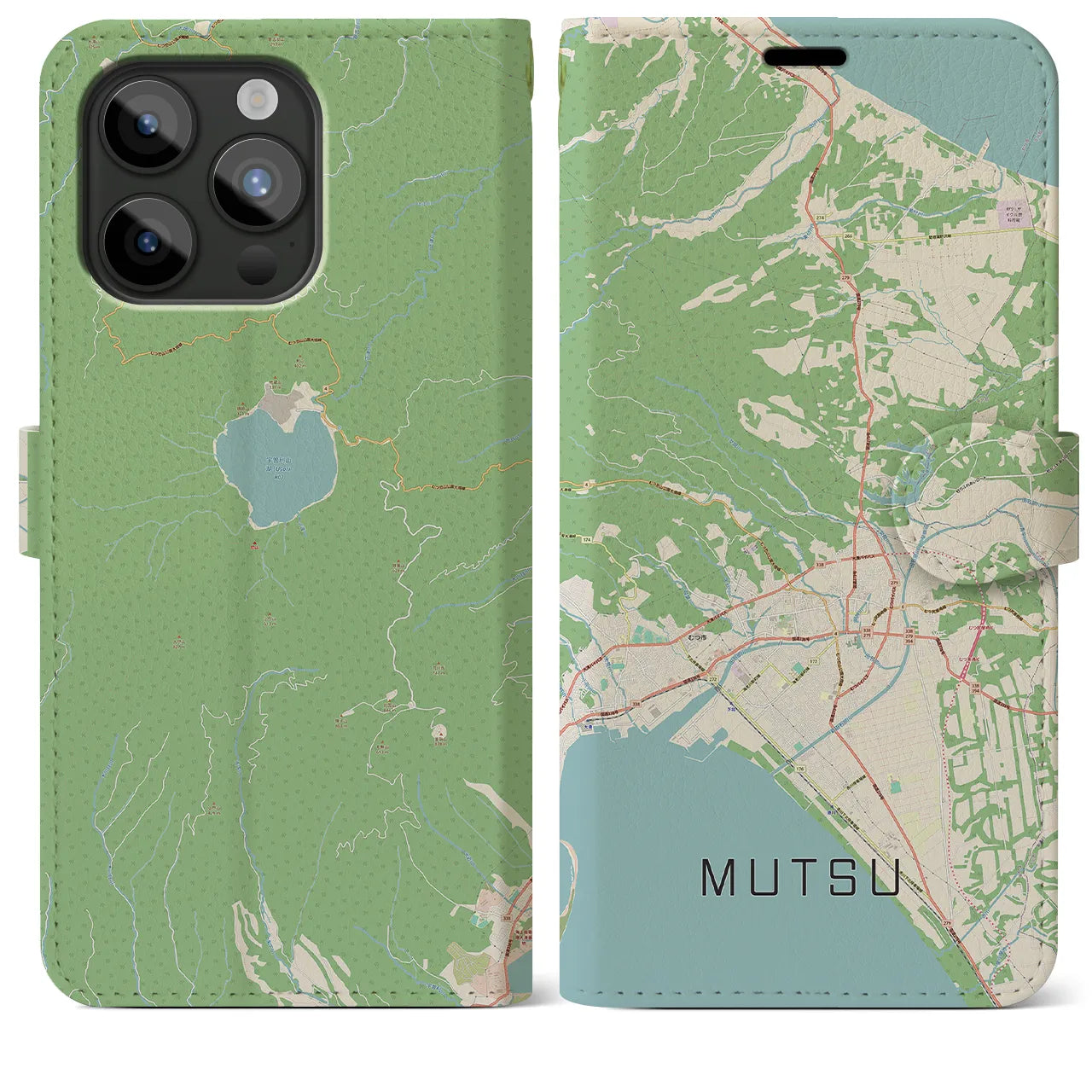 【むつ(青森県)】地図柄iPhoneケース(手帳タイプ)ナチュラル・iPhone 15 Pro Max 用