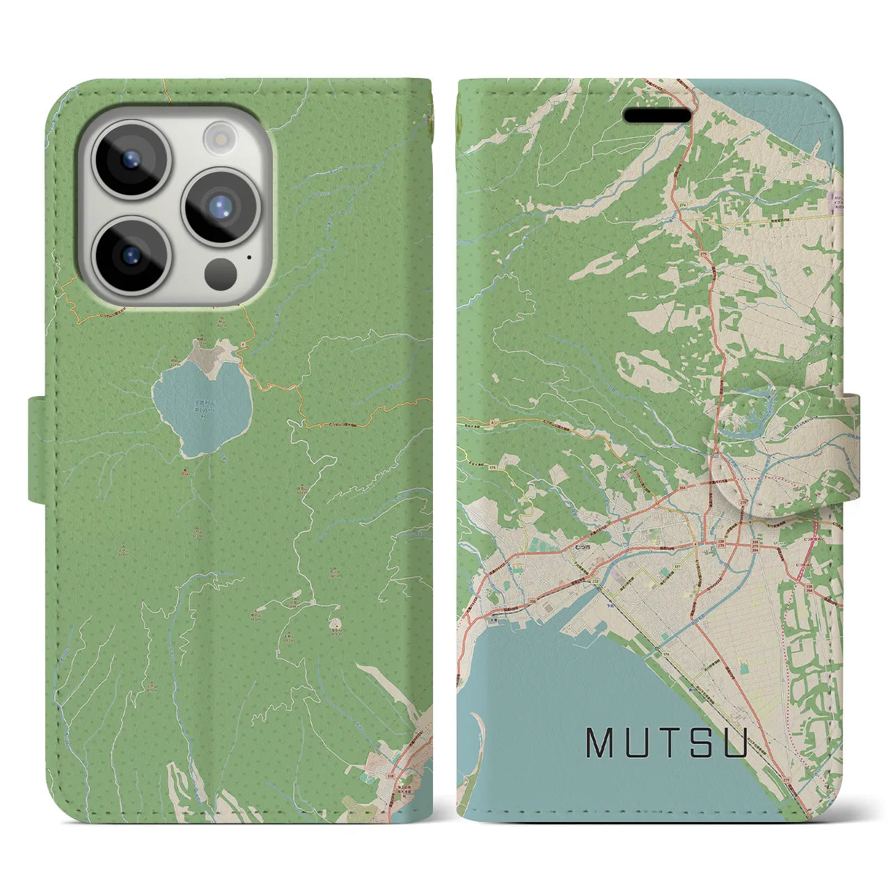 【むつ(青森県)】地図柄iPhoneケース(手帳タイプ)ナチュラル・iPhone 15 Pro 用