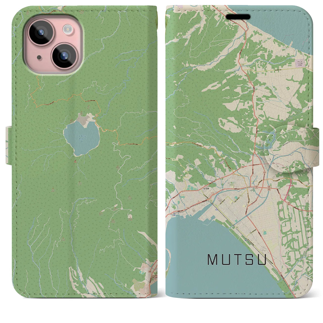 【むつ(青森県)】地図柄iPhoneケース(手帳タイプ)ナチュラル・iPhone 15 Plus 用
