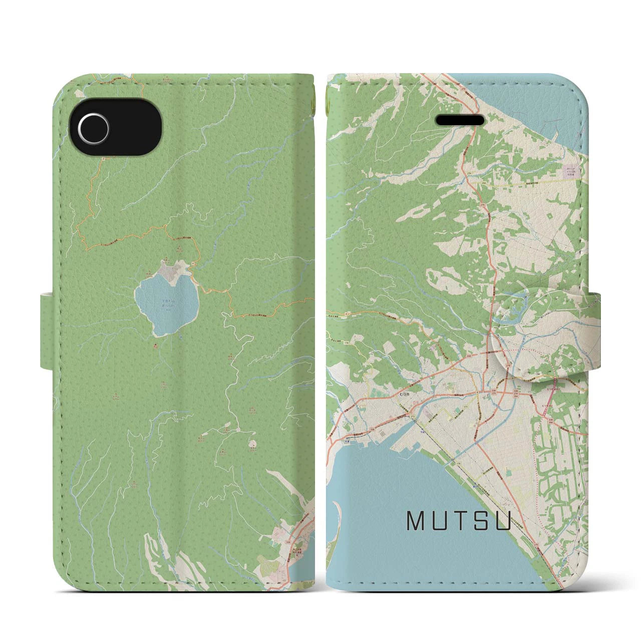 【むつ(青森県)】地図柄iPhoneケース(手帳タイプ)ナチュラル・iPhone SE(第3 / 第2世代) / 8 / 7 / 6s / 6 用