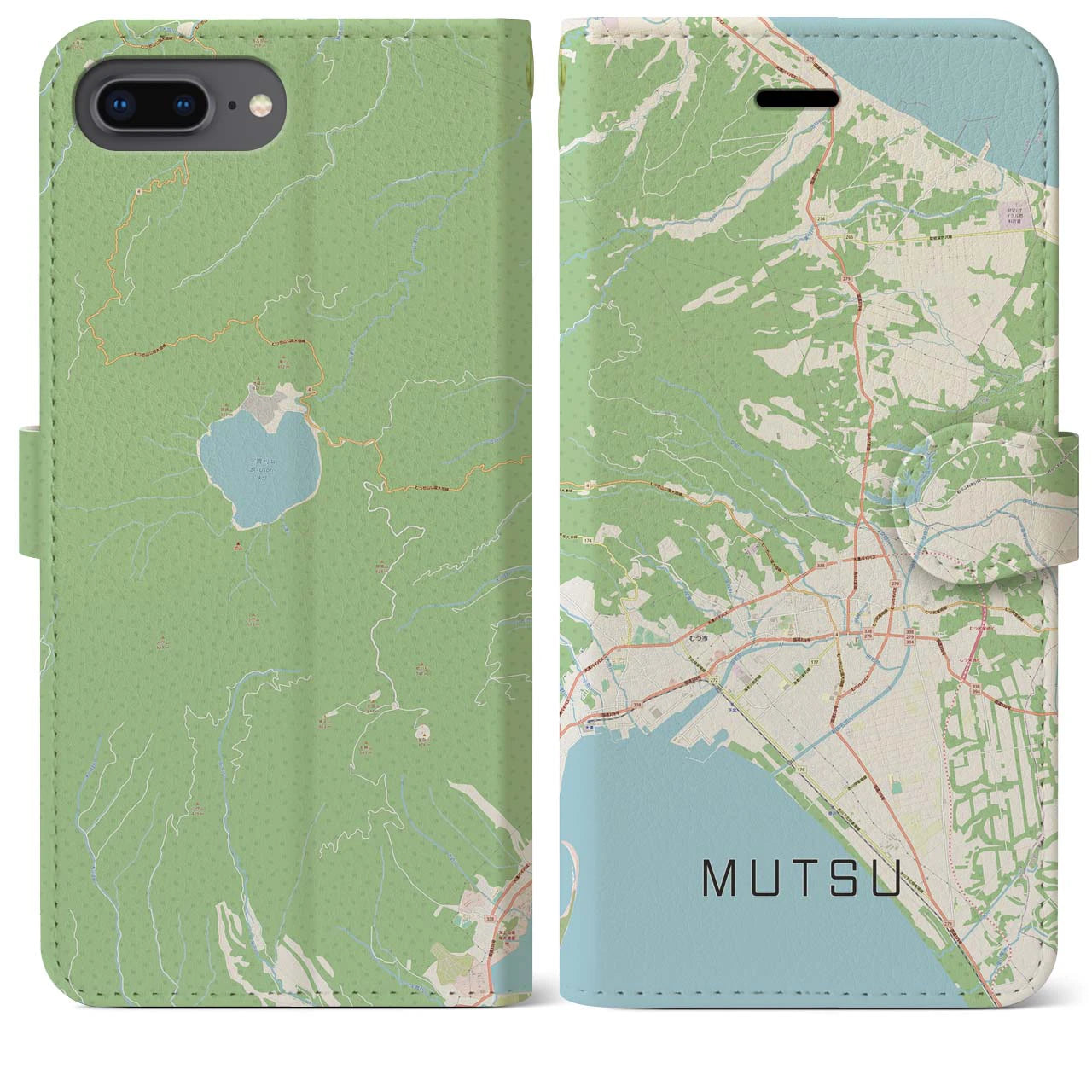 【むつ(青森県)】地図柄iPhoneケース(手帳タイプ)ナチュラル・iPhone 8Plus /7Plus / 6sPlus / 6Plus 用