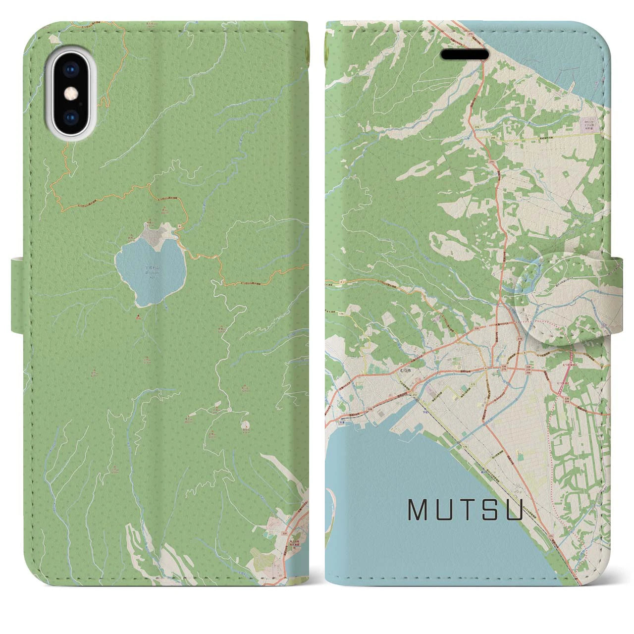【むつ(青森県)】地図柄iPhoneケース(手帳タイプ)ナチュラル・iPhone XS Max 用