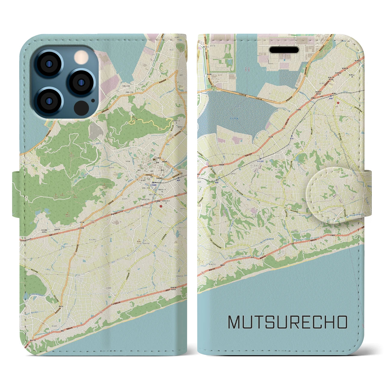 【六連町(愛知県)】地図柄iPhoneケース(手帳タイプ)ナチュラル・iPhone 12 / 12 Pro 用