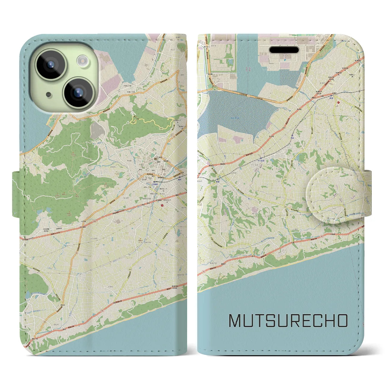 【六連町(愛知県)】地図柄iPhoneケース(手帳タイプ)ナチュラル・iPhone 15 用
