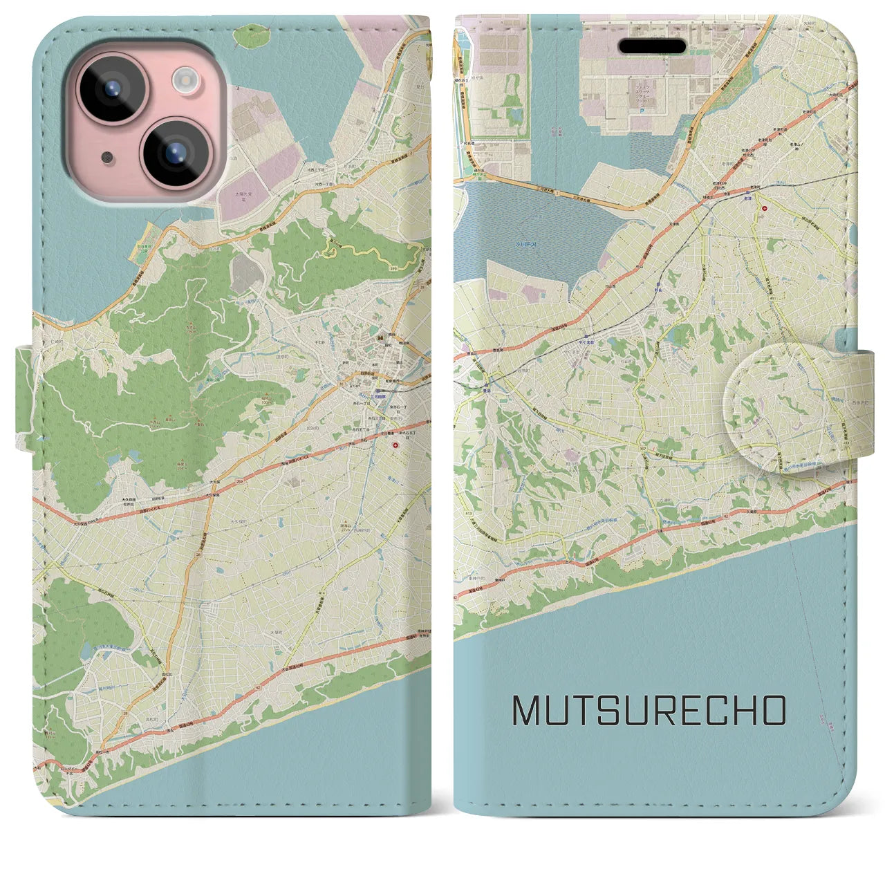 【六連町(愛知県)】地図柄iPhoneケース(手帳タイプ)ナチュラル・iPhone 15 Plus 用