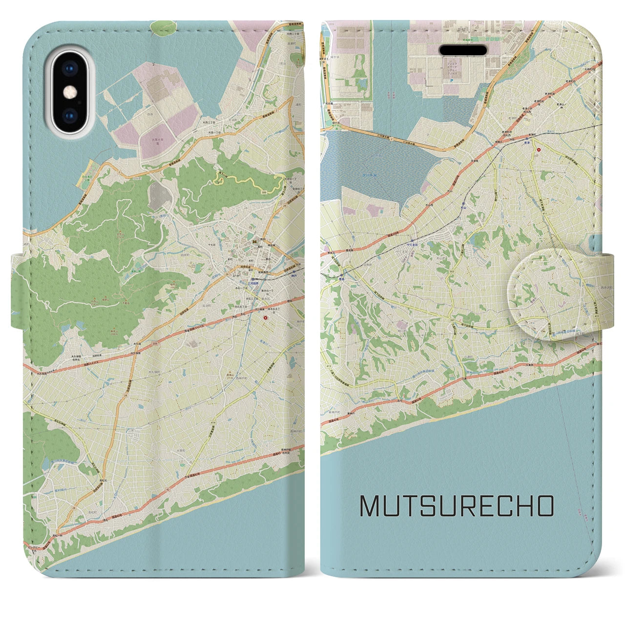【六連町(愛知県)】地図柄iPhoneケース(手帳タイプ)ナチュラル・iPhone XS Max 用