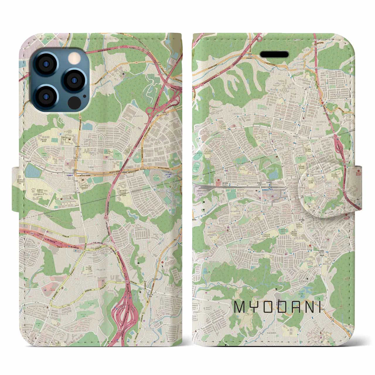 【名谷(兵庫県)】地図柄iPhoneケース(手帳タイプ)ナチュラル・iPhone 12 / 12 Pro 用