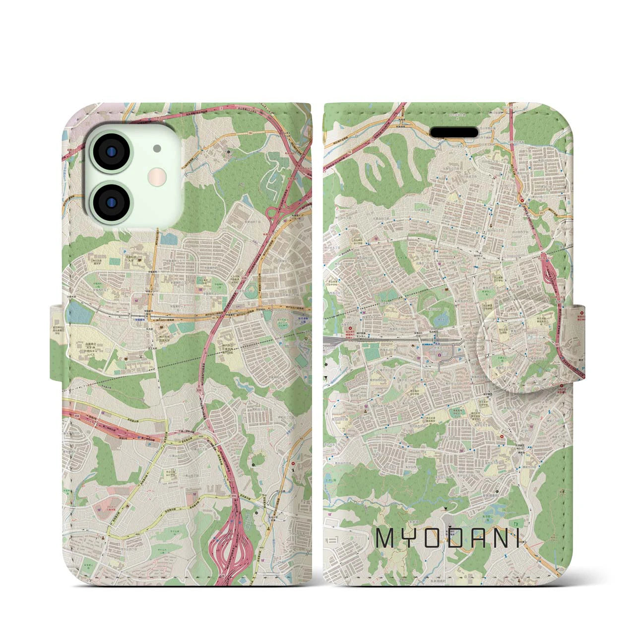 【名谷(兵庫県)】地図柄iPhoneケース(手帳タイプ)ナチュラル・iPhone 12 mini 用