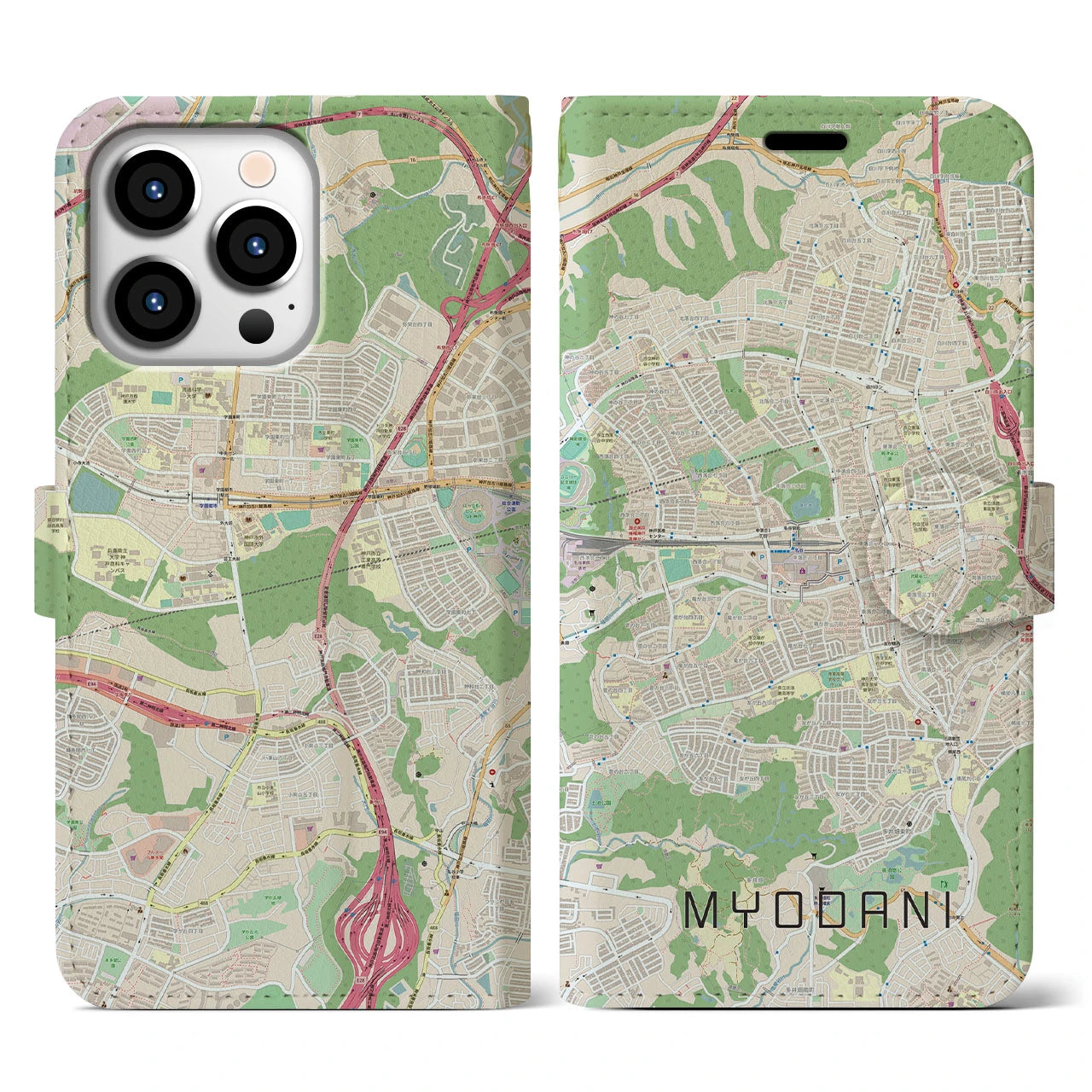 【名谷(兵庫県)】地図柄iPhoneケース(手帳タイプ)ナチュラル・iPhone 13 Pro 用