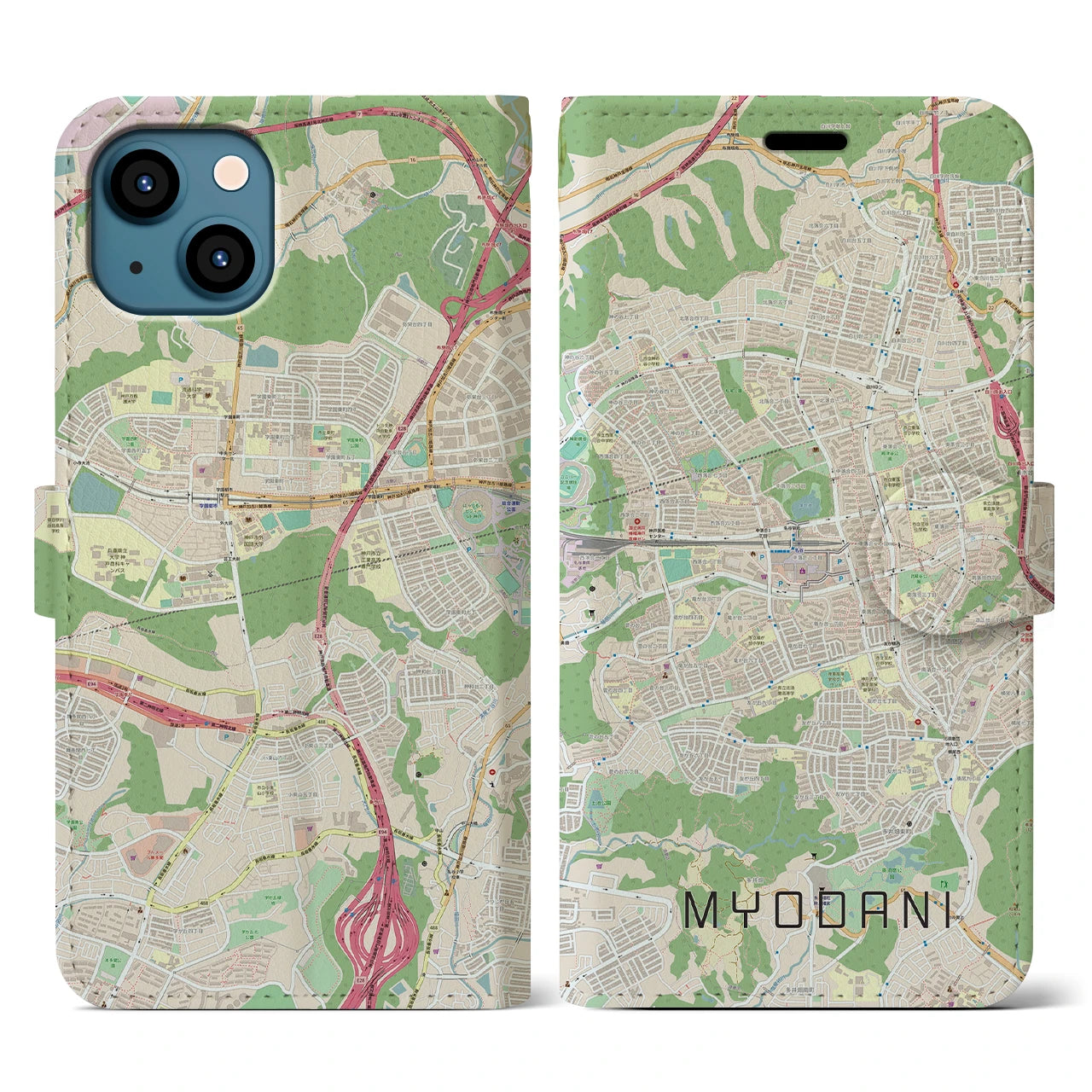 【名谷(兵庫県)】地図柄iPhoneケース(手帳タイプ)ナチュラル・iPhone 13 用