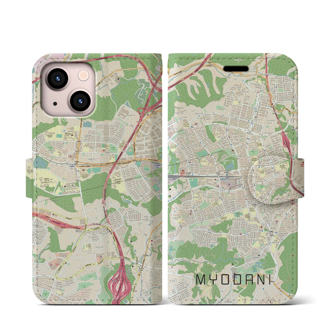 【名谷(兵庫県)】地図柄iPhoneケース(手帳タイプ)ナチュラル・iPhone 13 mini 用