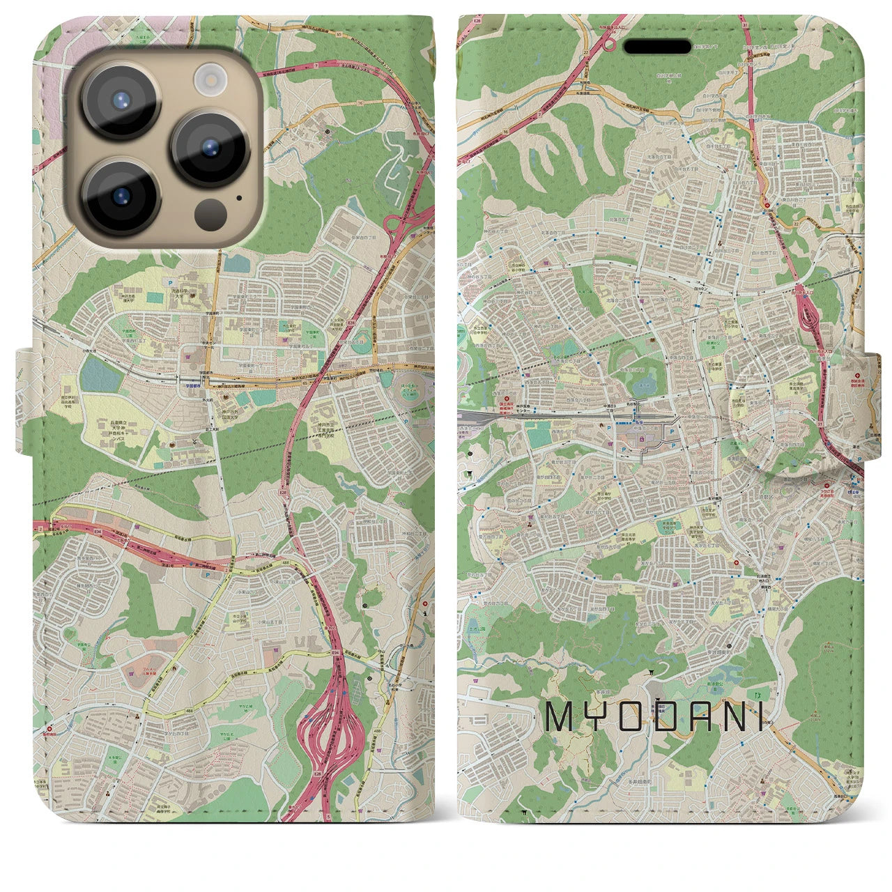 【名谷(兵庫県)】地図柄iPhoneケース(手帳タイプ)ナチュラル・iPhone 14 Pro Max 用
