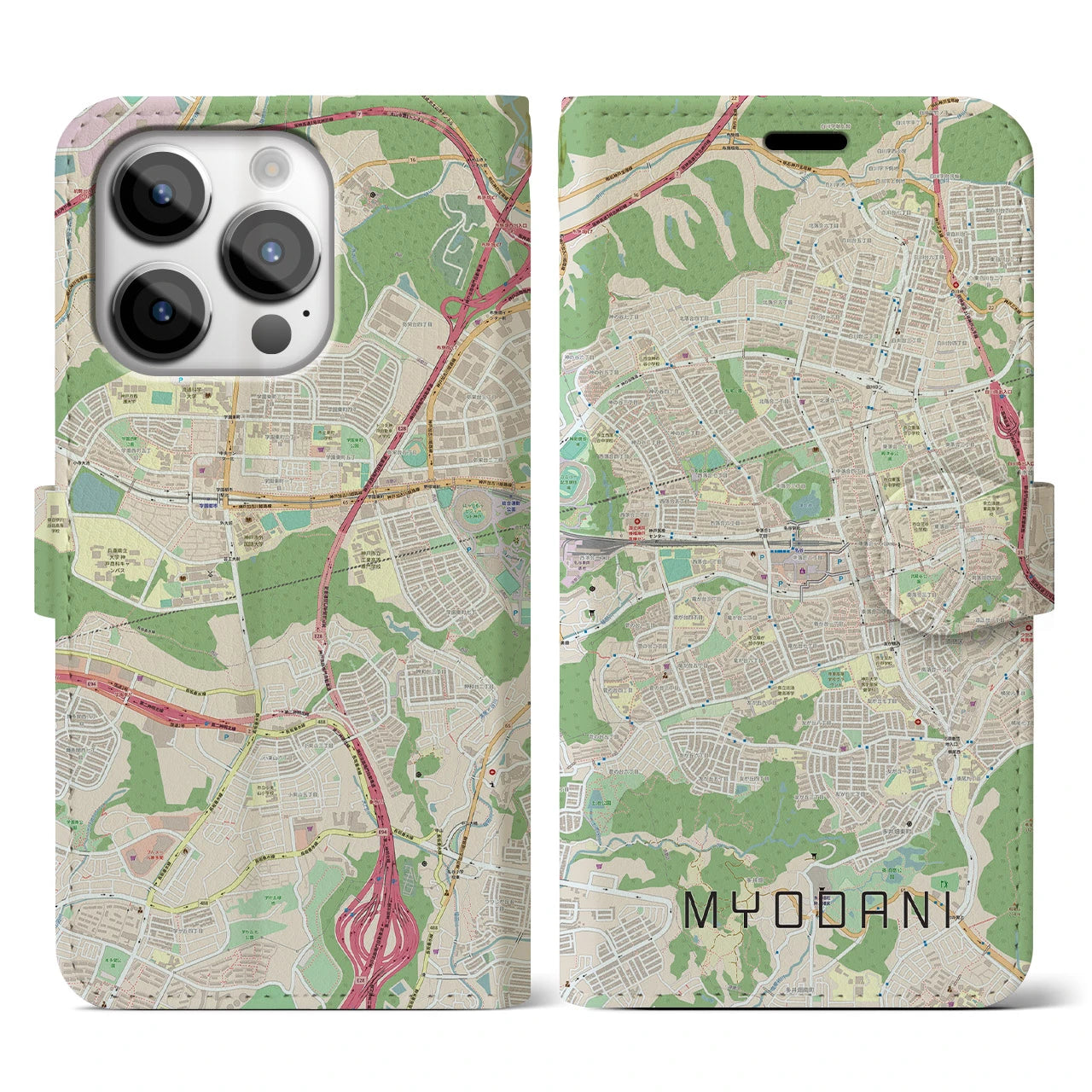 【名谷(兵庫県)】地図柄iPhoneケース(手帳タイプ)ナチュラル・iPhone 14 Pro 用