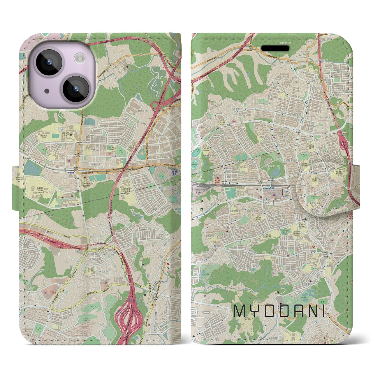 【名谷(兵庫県)】地図柄iPhoneケース(手帳タイプ)ナチュラル・iPhone 14 用