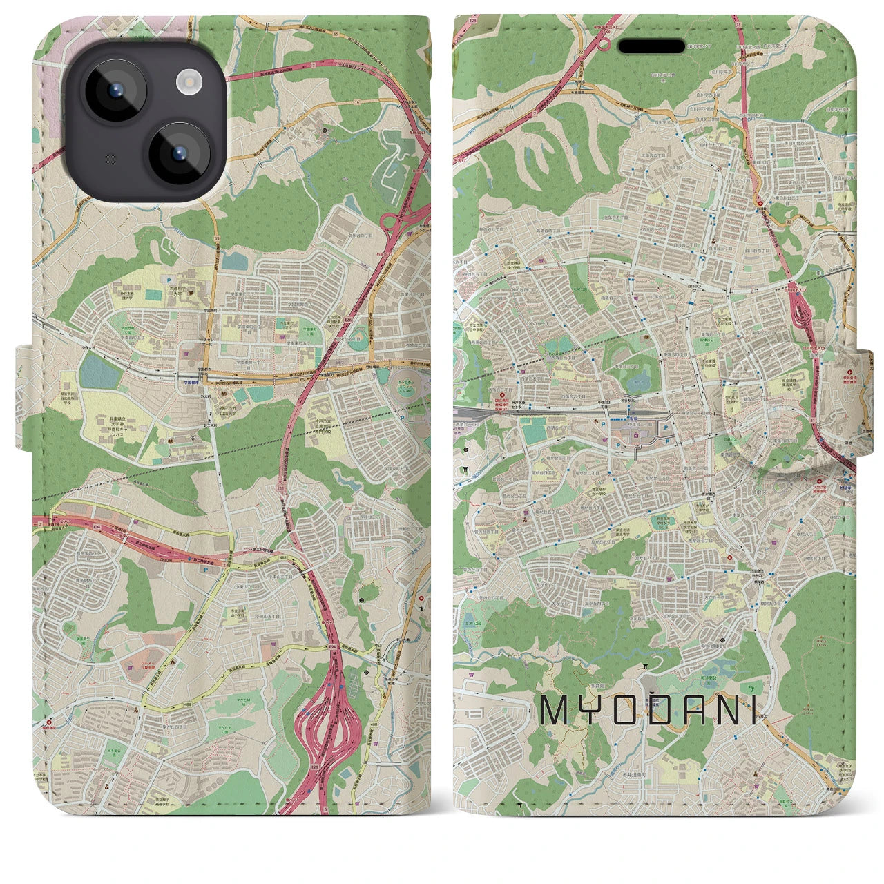 【名谷(兵庫県)】地図柄iPhoneケース(手帳タイプ)ナチュラル・iPhone 14 Plus 用