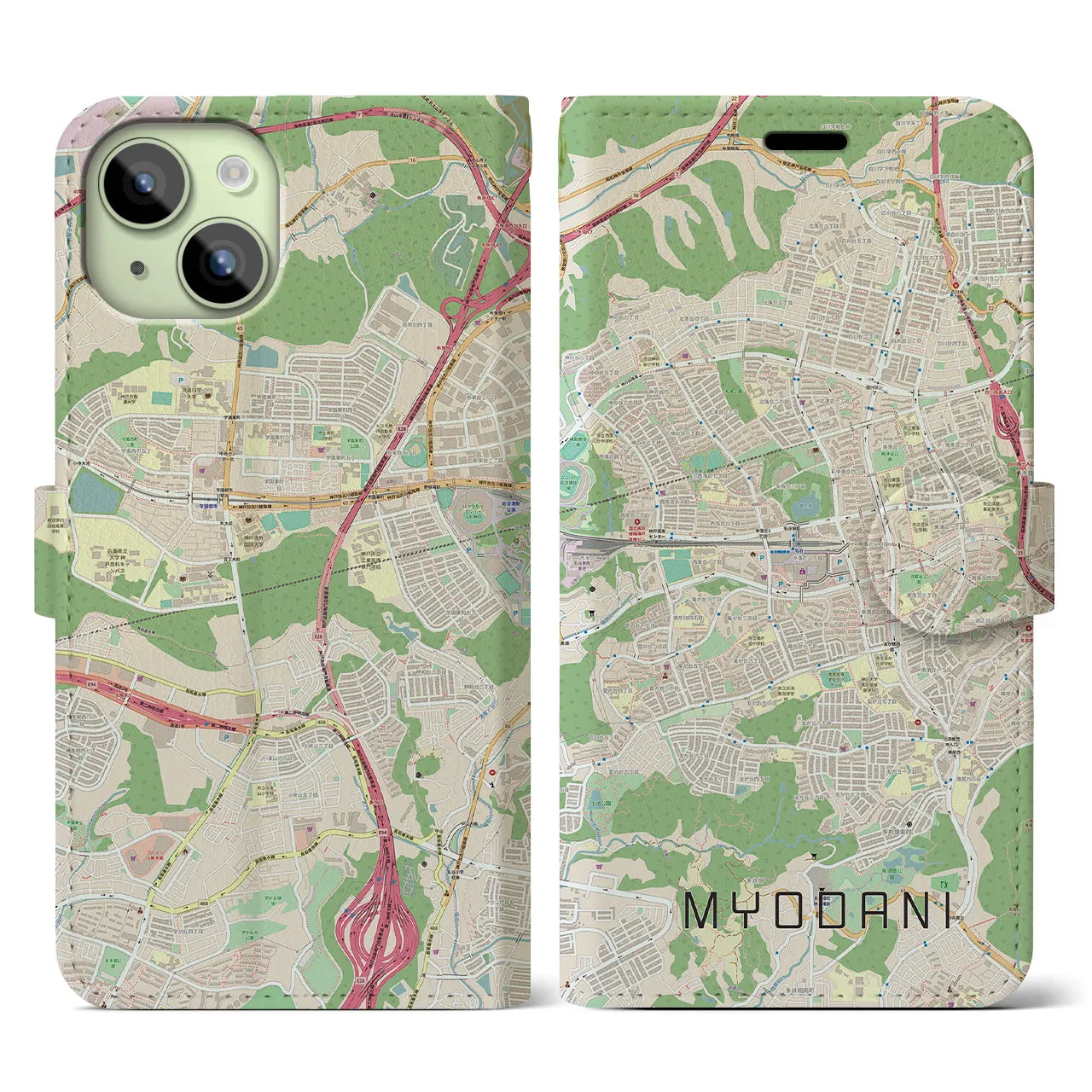 【名谷(兵庫県)】地図柄iPhoneケース(手帳タイプ)ナチュラル・iPhone 15 用