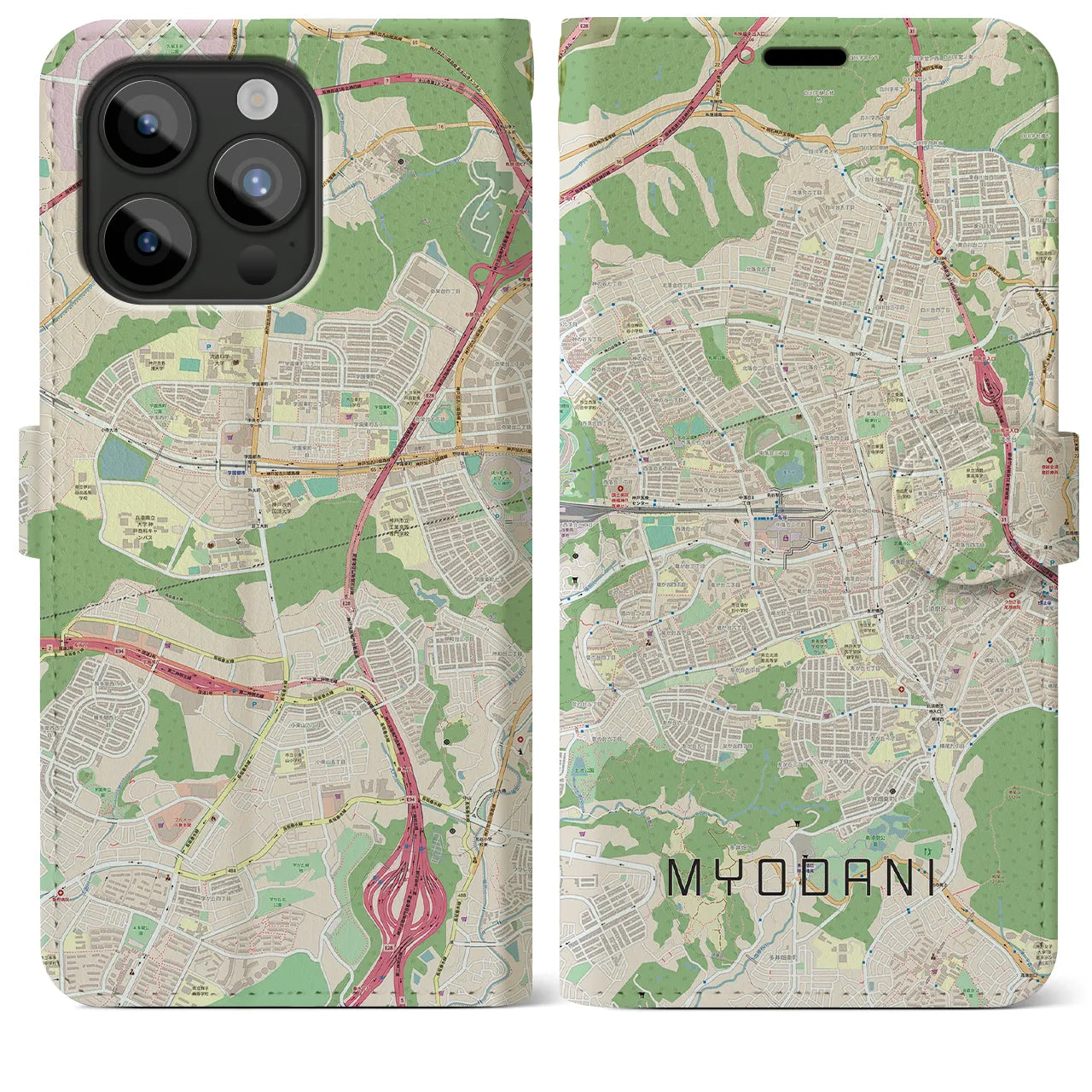 【名谷(兵庫県)】地図柄iPhoneケース(手帳タイプ)ナチュラル・iPhone 15 Pro Max 用