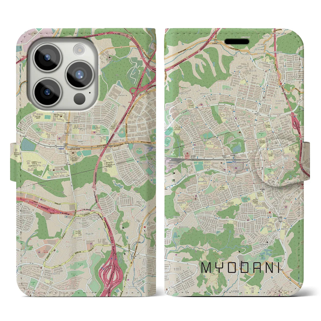 【名谷(兵庫県)】地図柄iPhoneケース(手帳タイプ)ナチュラル・iPhone 15 Pro 用