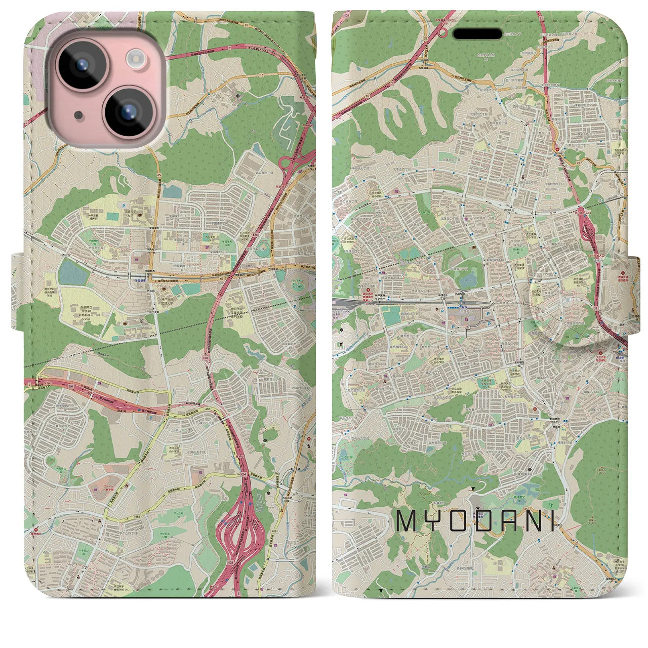 【名谷(兵庫県)】地図柄iPhoneケース(手帳タイプ)ナチュラル・iPhone 15 Plus 用