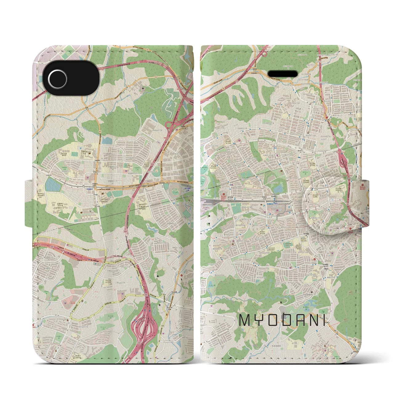 【名谷(兵庫県)】地図柄iPhoneケース(手帳タイプ)ナチュラル・iPhone SE(第3 / 第2世代) / 8 / 7 / 6s / 6 用