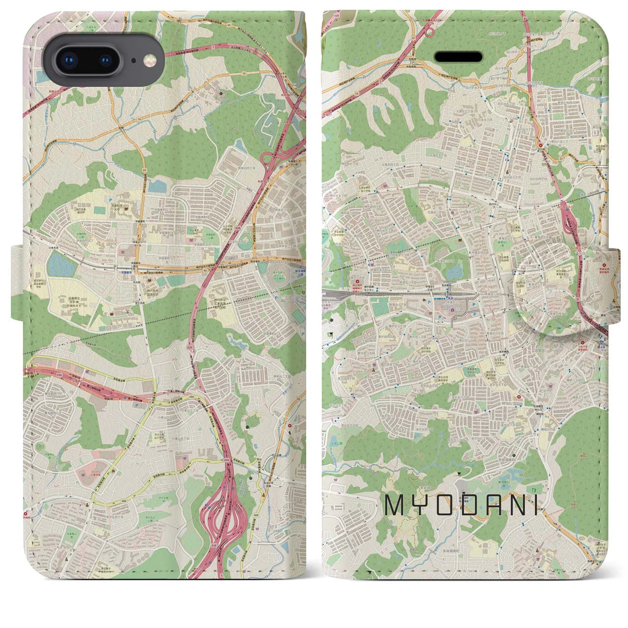 【名谷(兵庫県)】地図柄iPhoneケース(手帳タイプ)ナチュラル・iPhone 8Plus /7Plus / 6sPlus / 6Plus 用