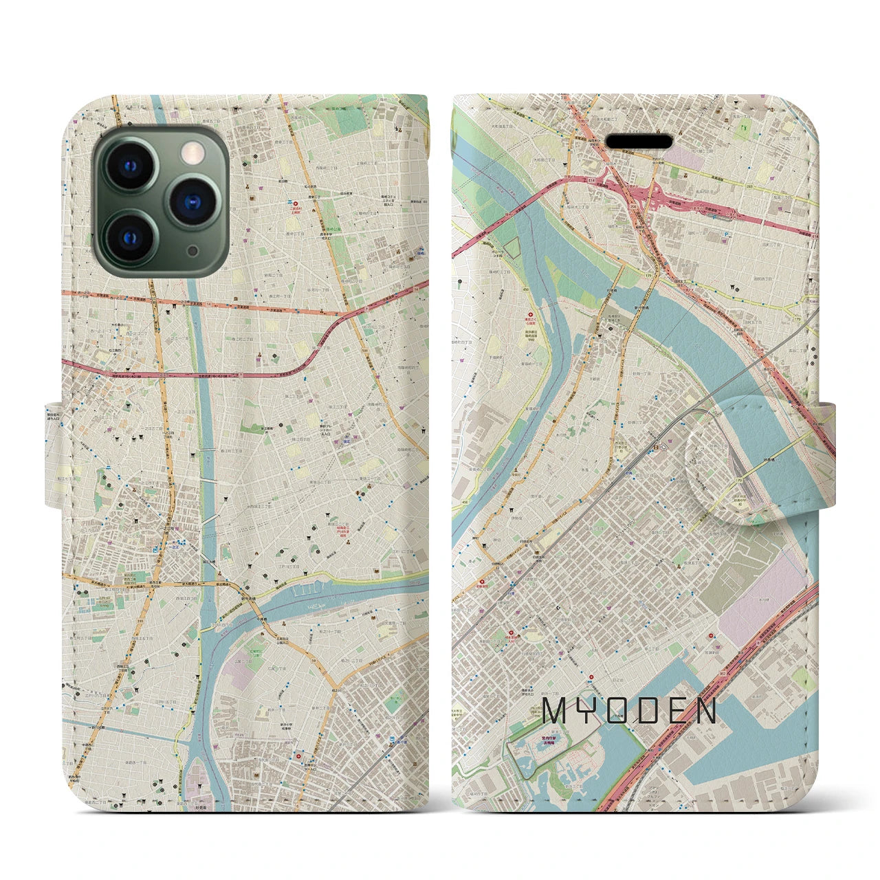 【妙典(千葉県)】地図柄iPhoneケース(手帳タイプ)ナチュラル・iPhone 11 Pro 用