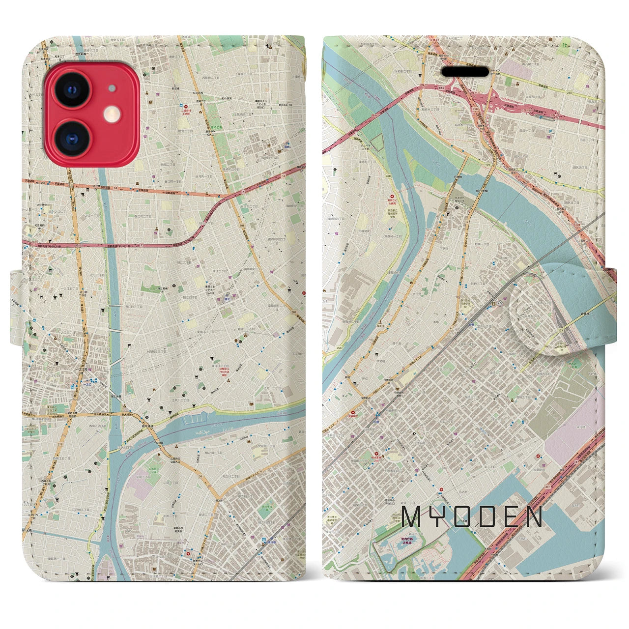 【妙典(千葉県)】地図柄iPhoneケース(手帳タイプ)ナチュラル・iPhone 11 用