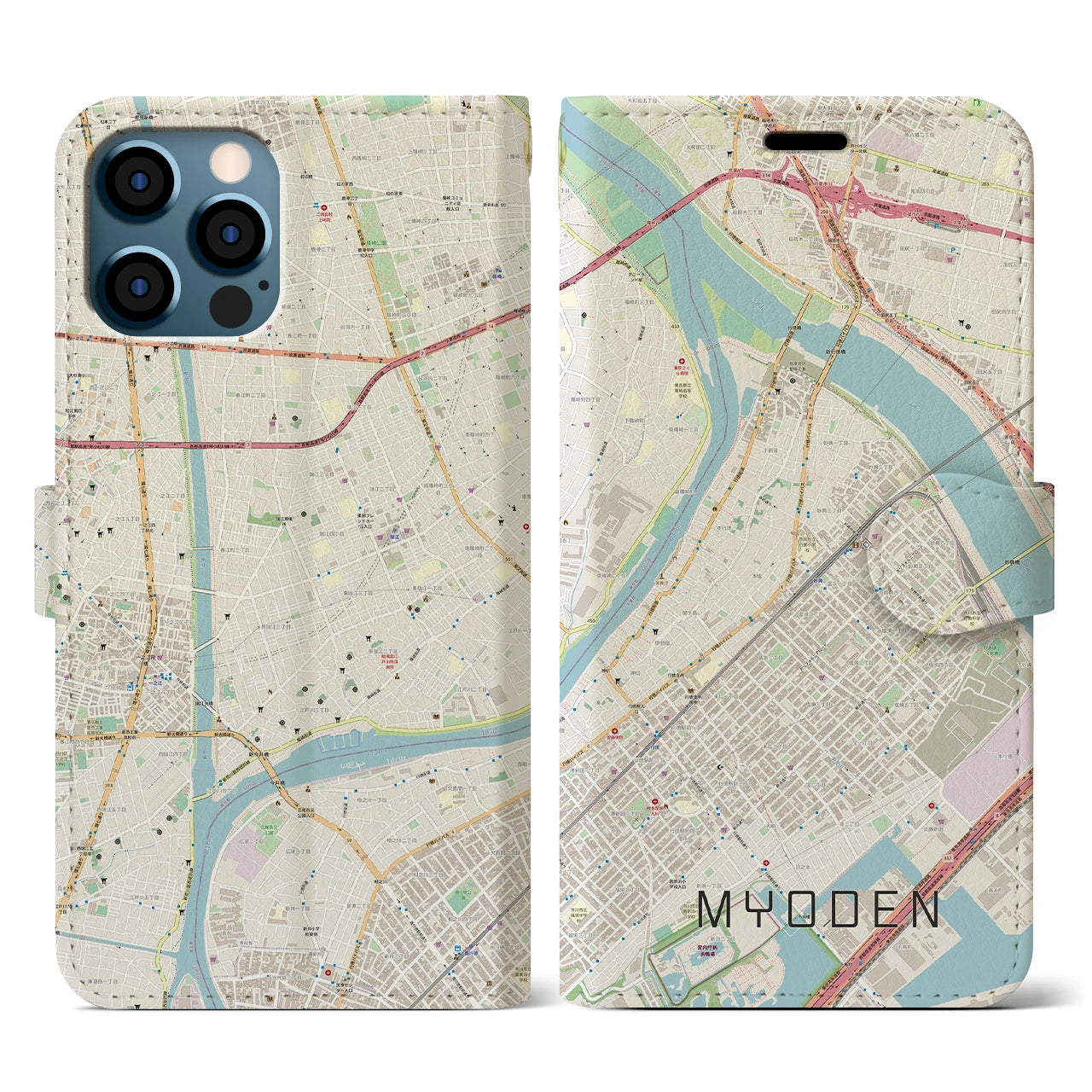 【妙典(千葉県)】地図柄iPhoneケース(手帳タイプ)ナチュラル・iPhone 12 / 12 Pro 用