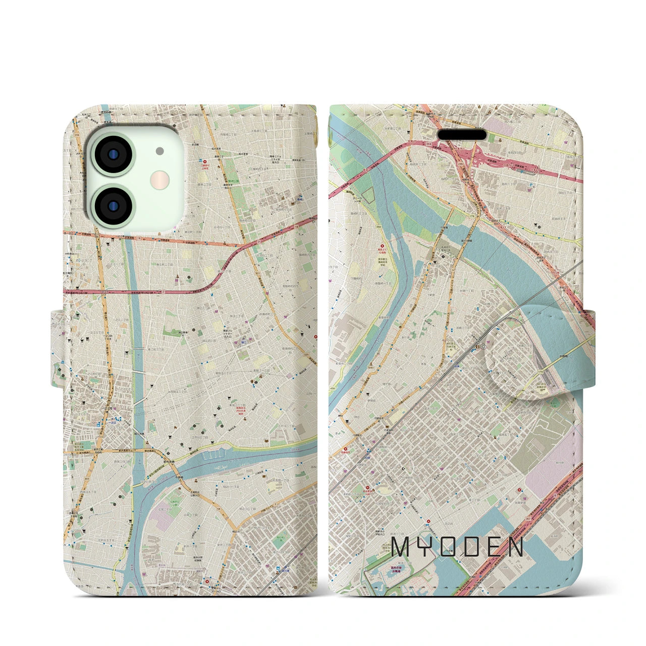 【妙典(千葉県)】地図柄iPhoneケース(手帳タイプ)ナチュラル・iPhone 12 mini 用