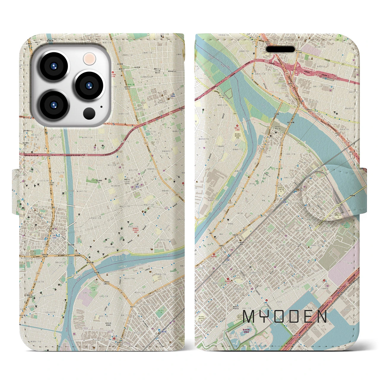 【妙典(千葉県)】地図柄iPhoneケース(手帳タイプ)ナチュラル・iPhone 13 Pro 用