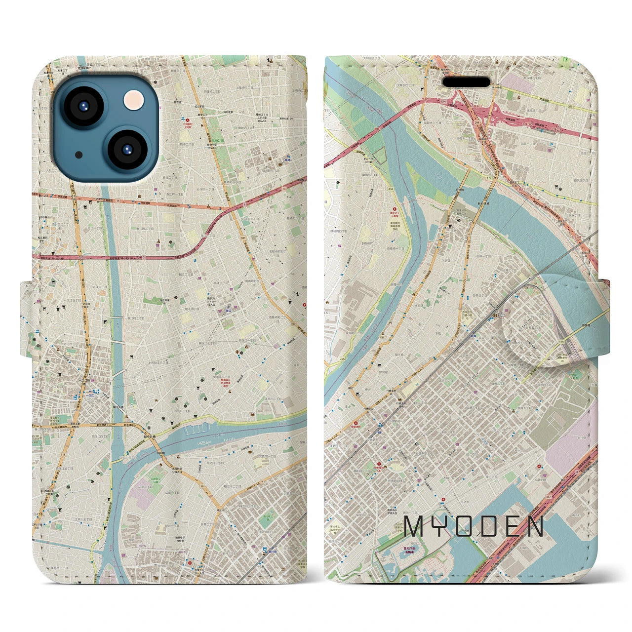 【妙典(千葉県)】地図柄iPhoneケース(手帳タイプ)ナチュラル・iPhone 13 用