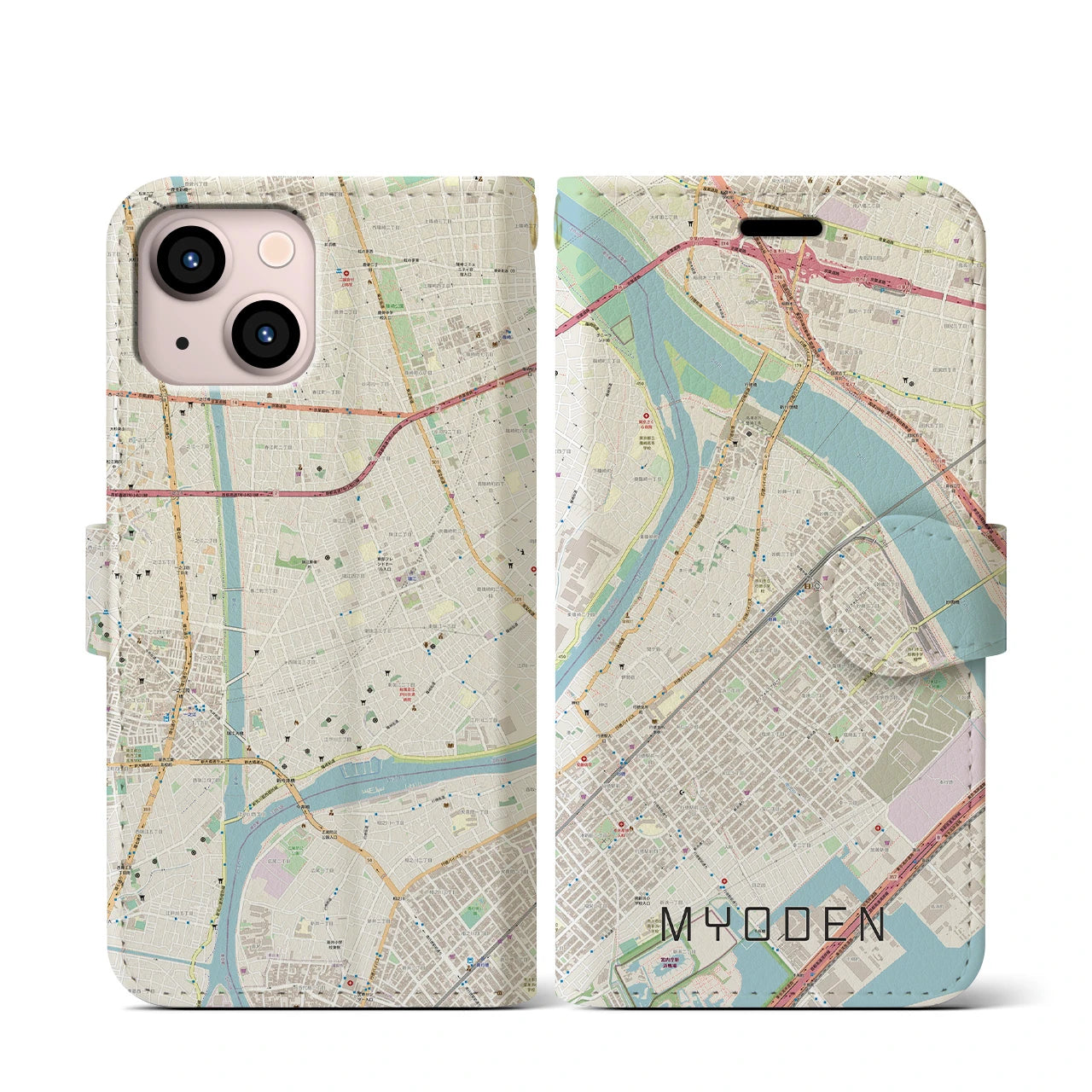 【妙典(千葉県)】地図柄iPhoneケース(手帳タイプ)ナチュラル・iPhone 13 mini 用