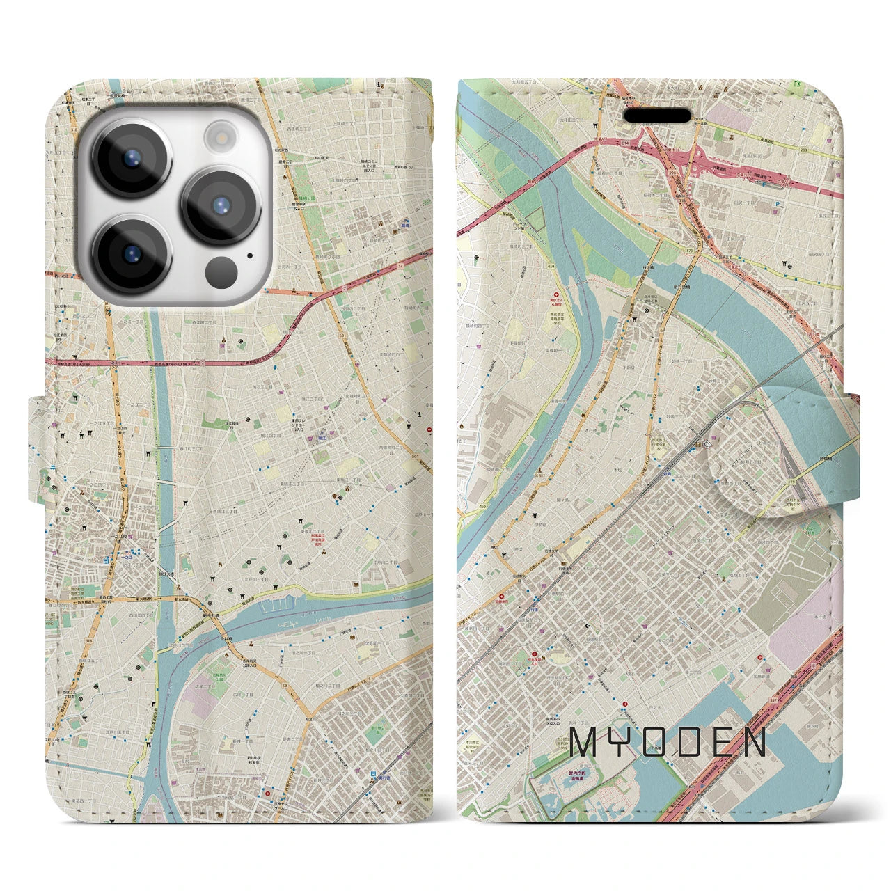 【妙典(千葉県)】地図柄iPhoneケース(手帳タイプ)ナチュラル・iPhone 14 Pro 用