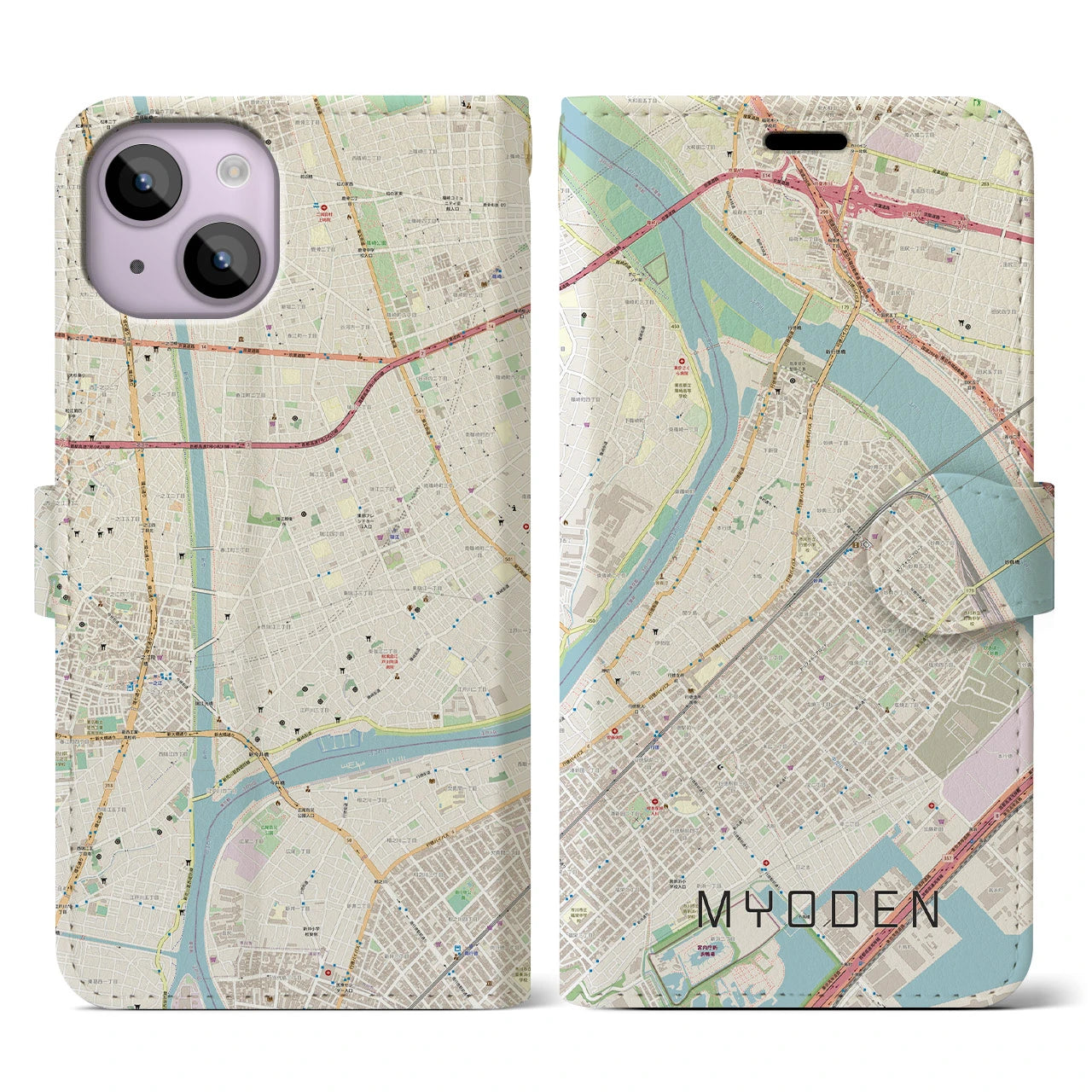 【妙典(千葉県)】地図柄iPhoneケース(手帳タイプ)ナチュラル・iPhone 14 用