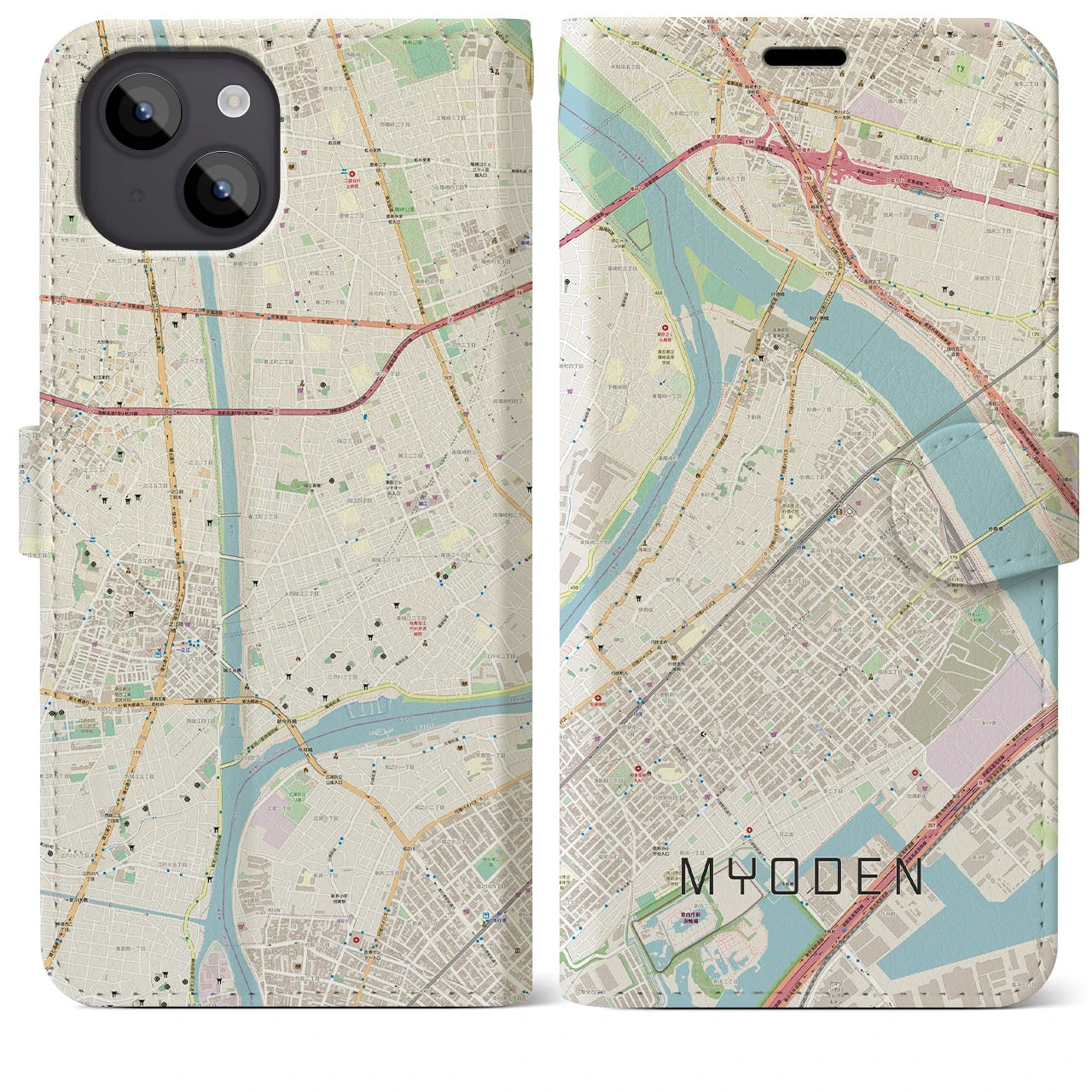 【妙典(千葉県)】地図柄iPhoneケース(手帳タイプ)ナチュラル・iPhone 14 Plus 用