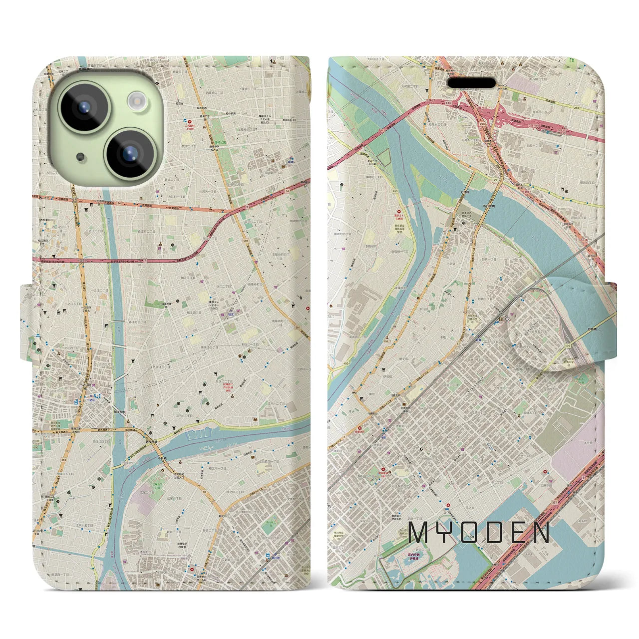 【妙典(千葉県)】地図柄iPhoneケース(手帳タイプ)ナチュラル・iPhone 15 用