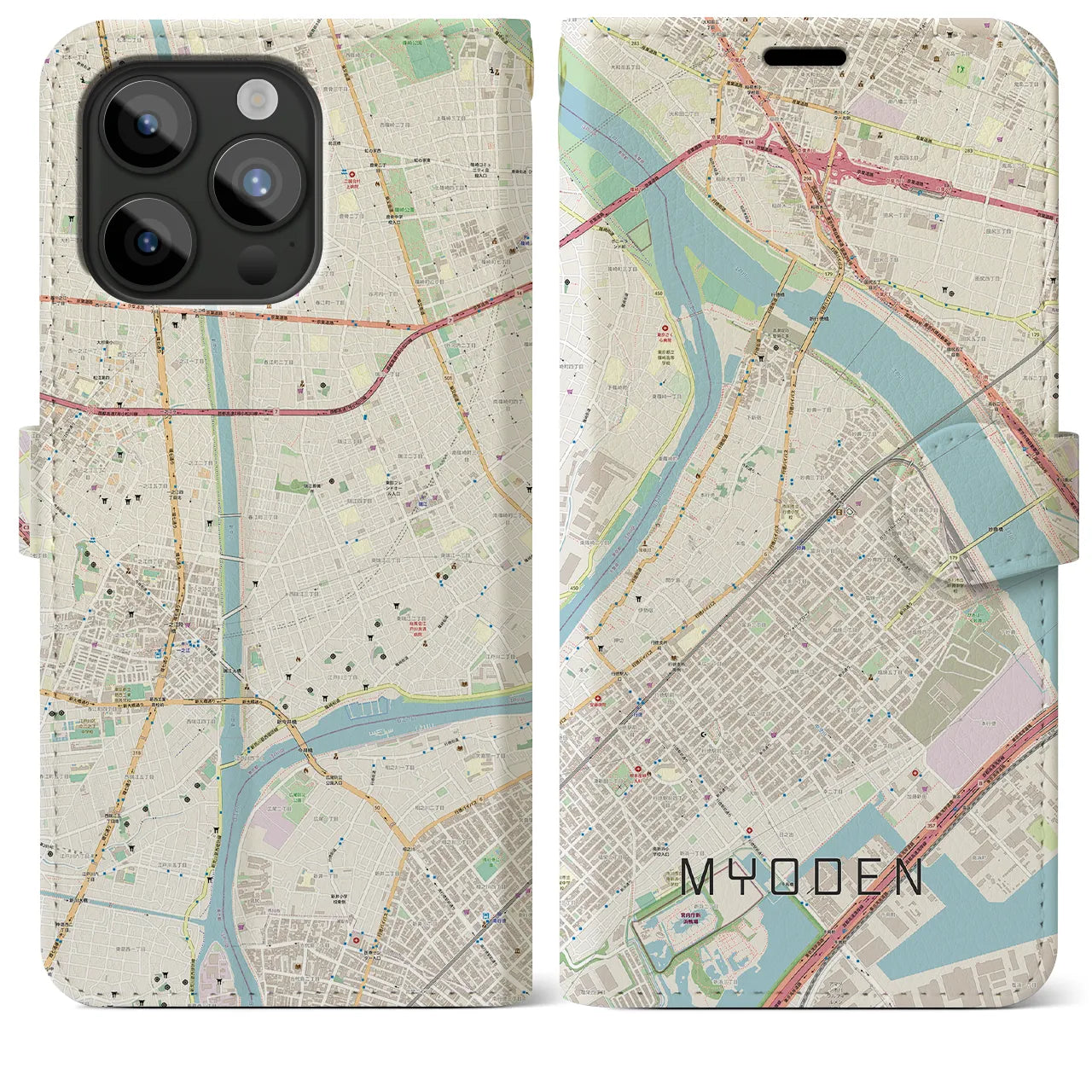 【妙典(千葉県)】地図柄iPhoneケース(手帳タイプ)ナチュラル・iPhone 15 Pro Max 用