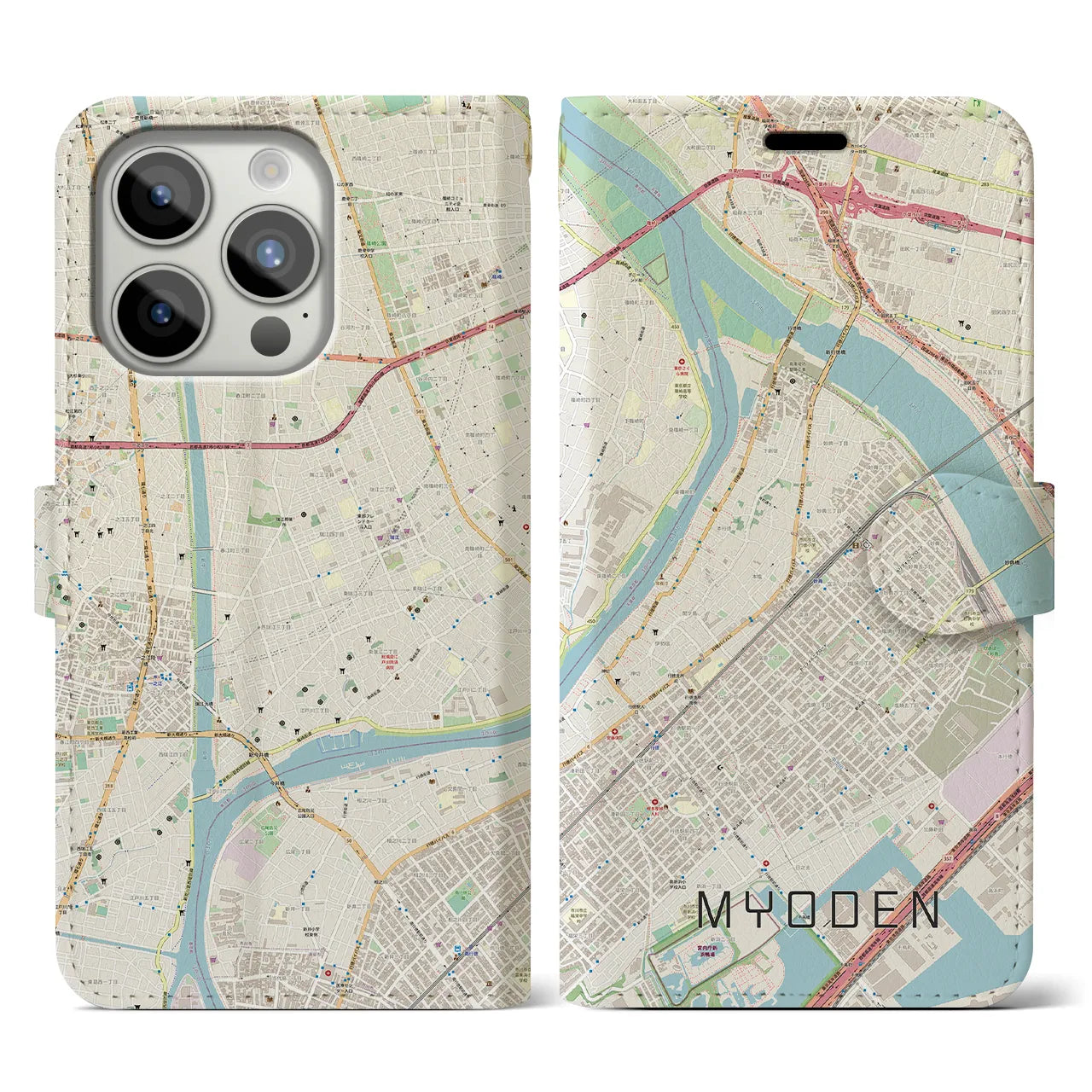 【妙典(千葉県)】地図柄iPhoneケース(手帳タイプ)ナチュラル・iPhone 15 Pro 用
