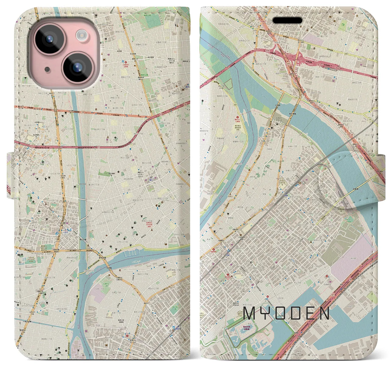 【妙典(千葉県)】地図柄iPhoneケース(手帳タイプ)ナチュラル・iPhone 15 Plus 用