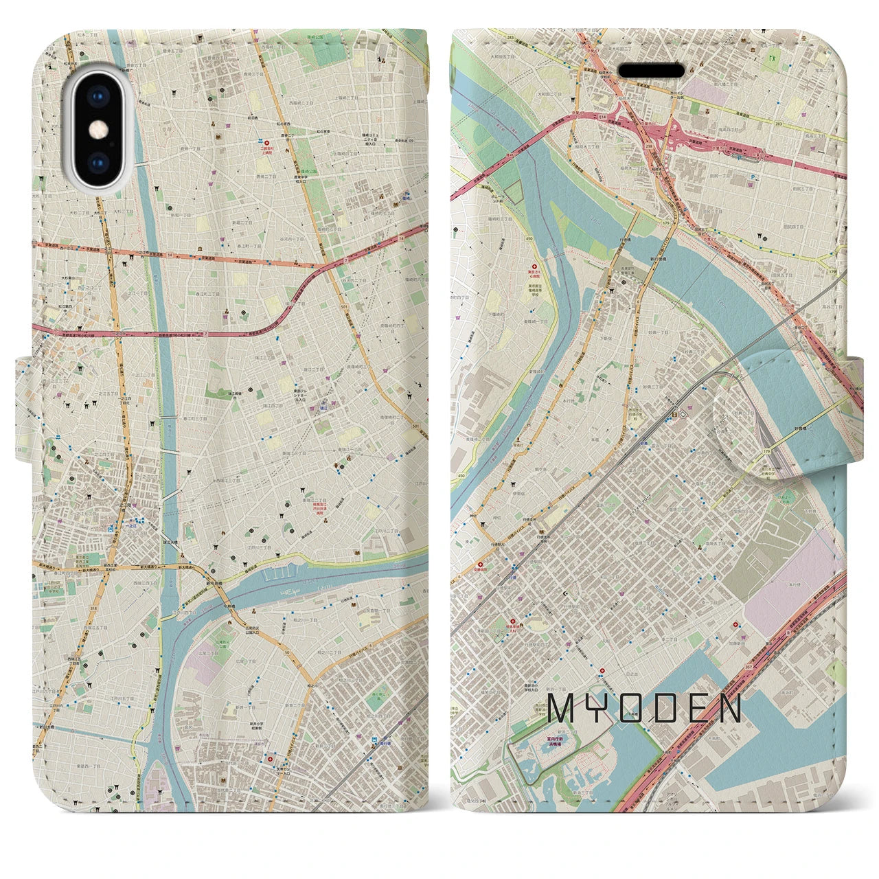 【妙典(千葉県)】地図柄iPhoneケース(手帳タイプ)ナチュラル・iPhone XS Max 用