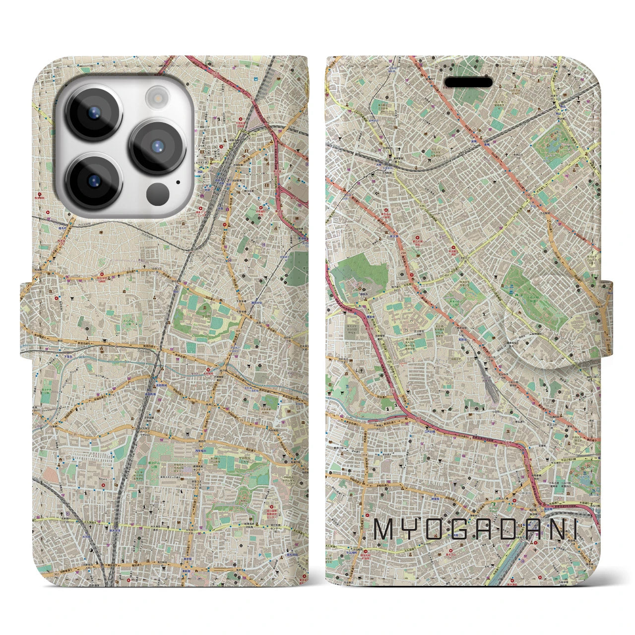 【茗荷谷(東京都)】地図柄iPhoneケース(手帳タイプ)ナチュラル・iPhone 14 Pro 用