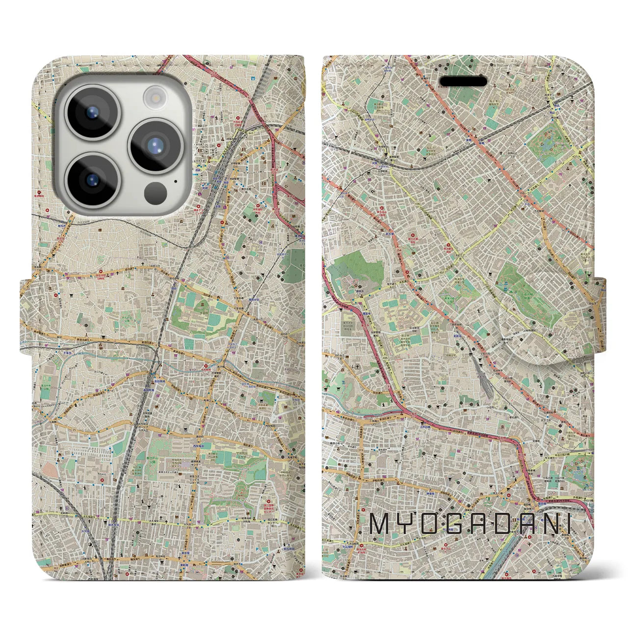 【茗荷谷(東京都)】地図柄iPhoneケース(手帳タイプ)ナチュラル・iPhone 15 Pro 用