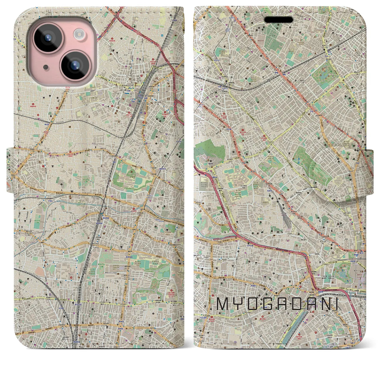 【茗荷谷(東京都)】地図柄iPhoneケース(手帳タイプ)ナチュラル・iPhone 15 Plus 用