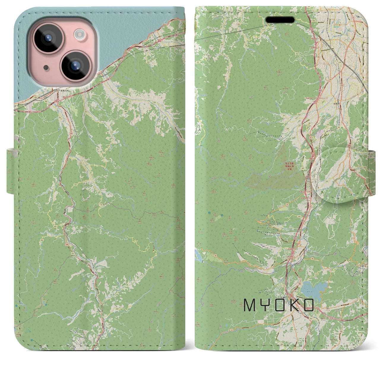 【妙高(新潟県)】地図柄iPhoneケース(手帳タイプ)ナチュラル・iPhone 15 Plus 用