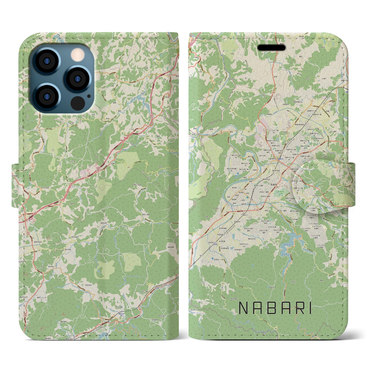 【名張(三重県)】地図柄iPhoneケース(手帳タイプ)ナチュラル・iPhone 12 / 12 Pro 用