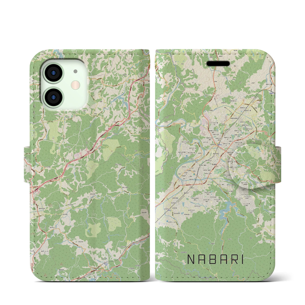 【名張(三重県)】地図柄iPhoneケース(手帳タイプ)ナチュラル・iPhone 12 mini 用
