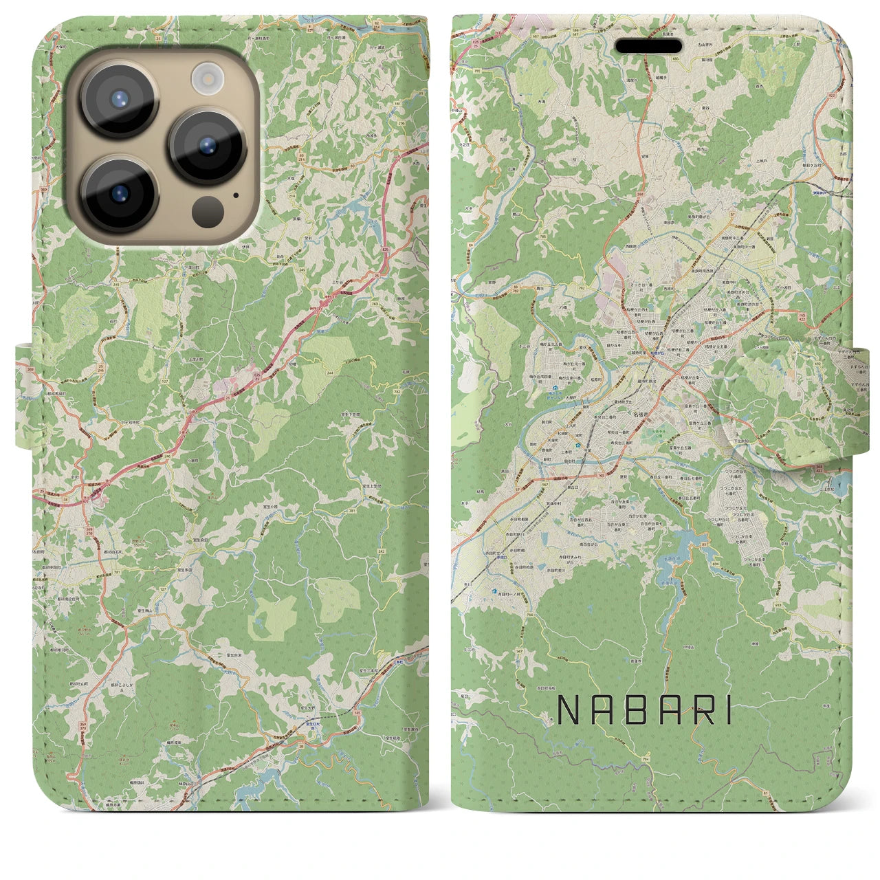 【名張(三重県)】地図柄iPhoneケース(手帳タイプ)ナチュラル・iPhone 14 Pro Max 用