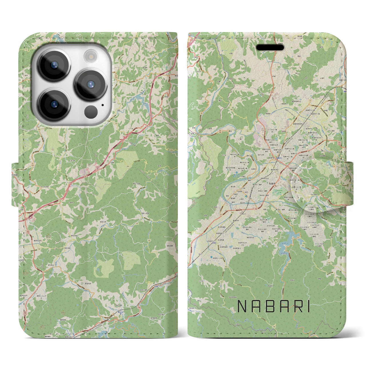 【名張(三重県)】地図柄iPhoneケース(手帳タイプ)ナチュラル・iPhone 14 Pro 用